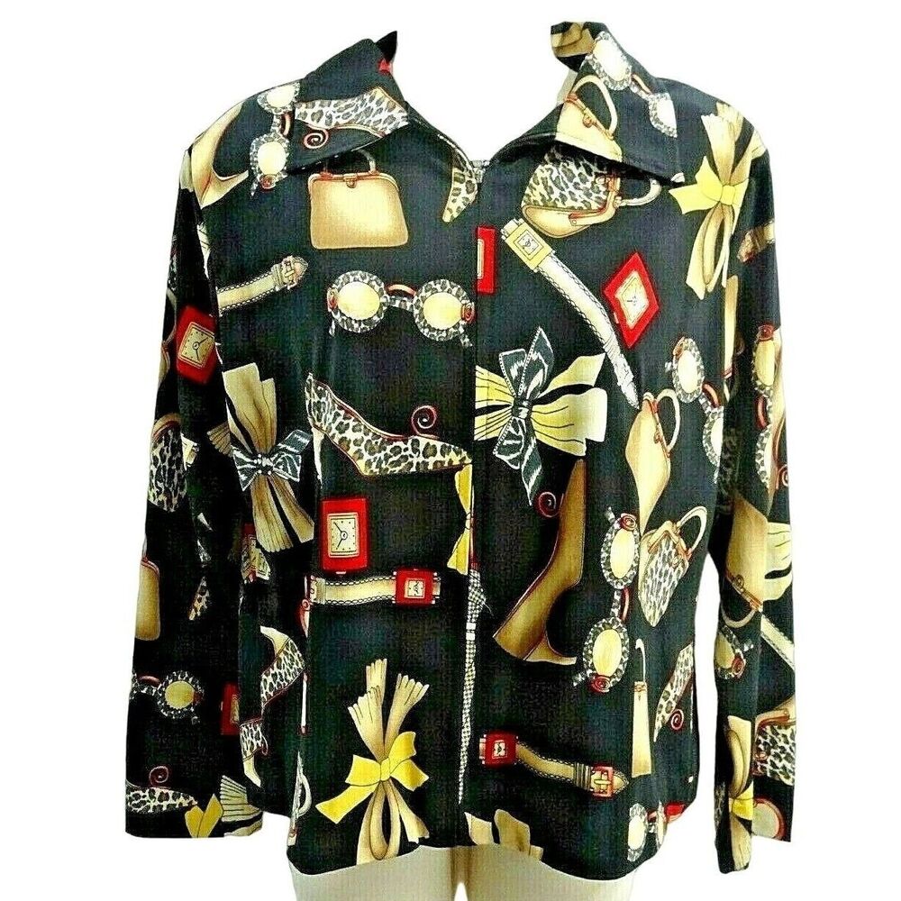 John Farah Women's Jacket Size L Black Accessory Design Rhinestones 1/3 Zipper